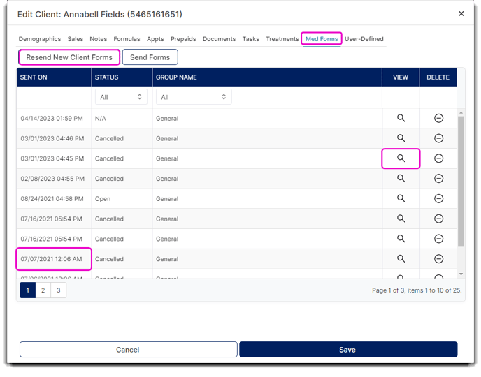 client record med forms tab