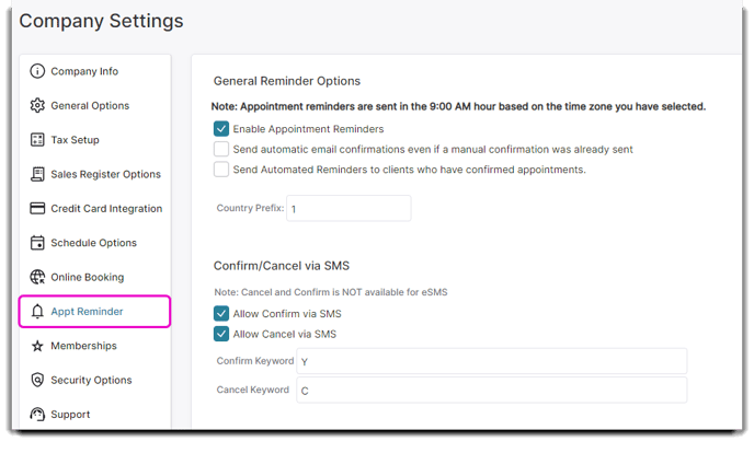 company settings appt reminder options