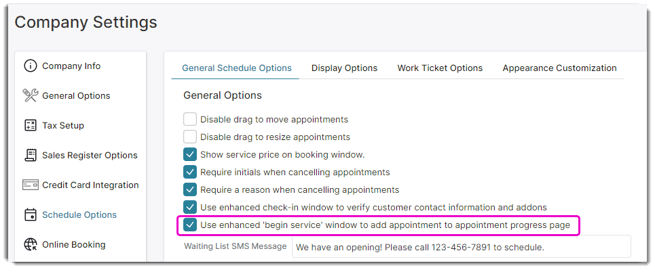 company settings begin service option-1