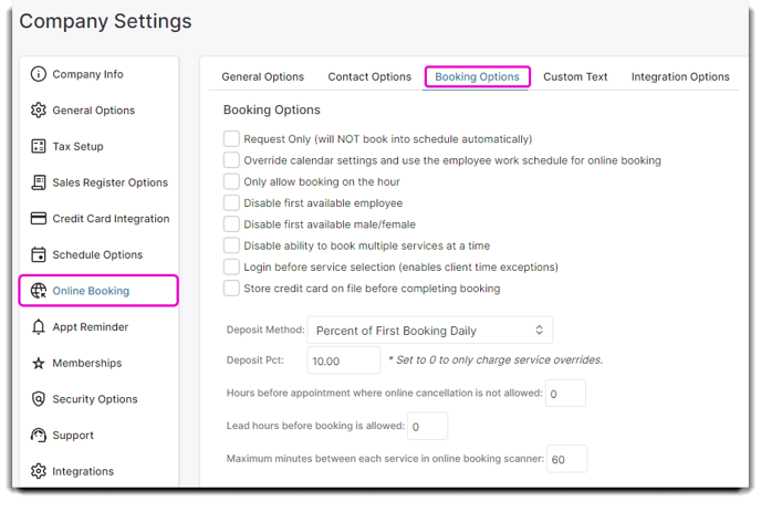 company settings booking options 1