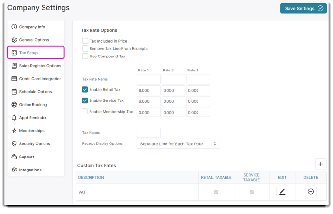 company settings tax setup