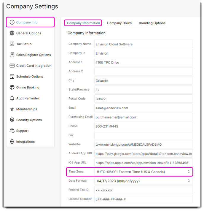 company settings time zone