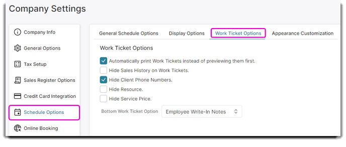 company settings work ticket