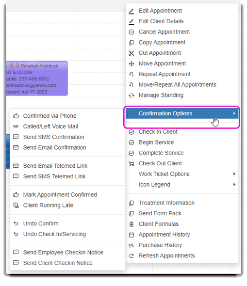 confirmation options on schedule