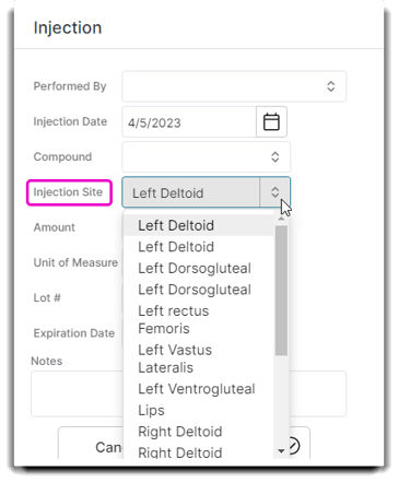 injection site dropdown