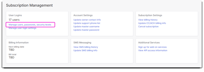 manage users, passwords and security levels