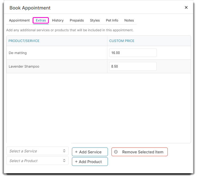 pet book appt extras