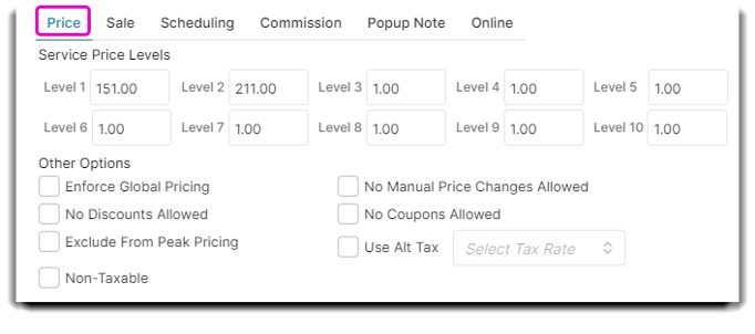 pricing tab on service