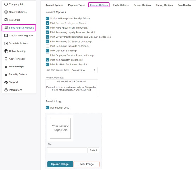 receipt options settings