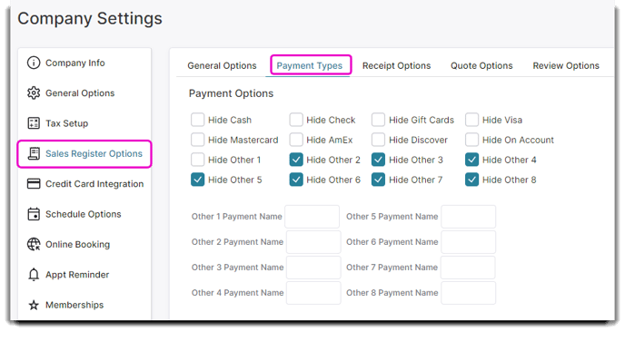 sales register payment settings