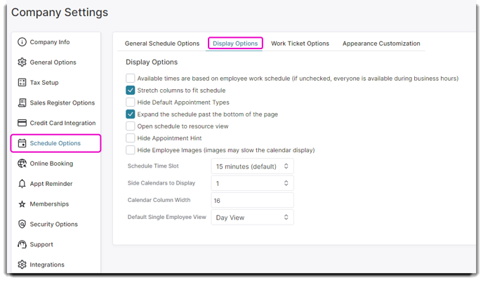 schedule display settings