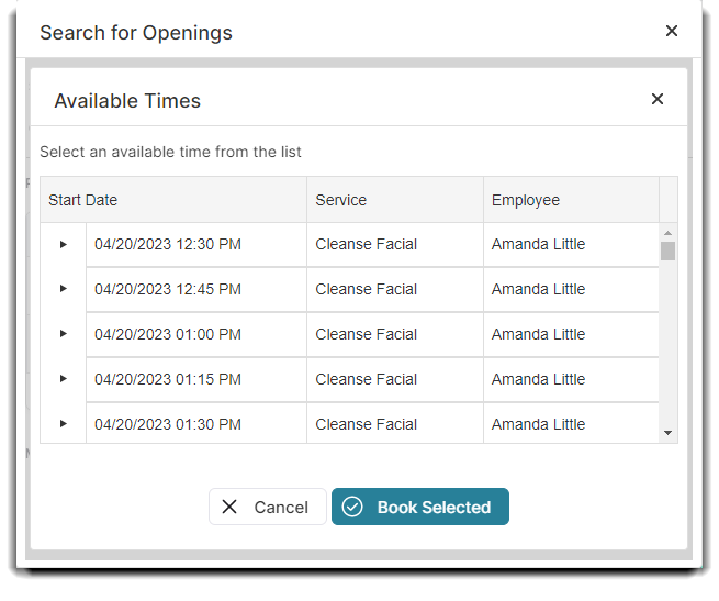 search for openings available times
