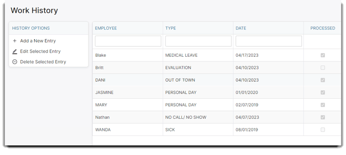 work history list