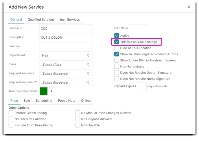 service package checkbox